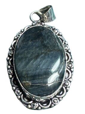 Sterling Silver 925 Oval Pendant Blue Gray Natural Stone Sodalite Jasper Ornate